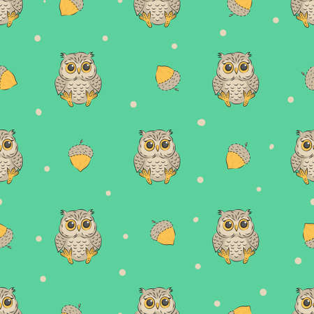 Seamless pattern with cute baby owls and acorns. Vector kids background.のイラスト素材