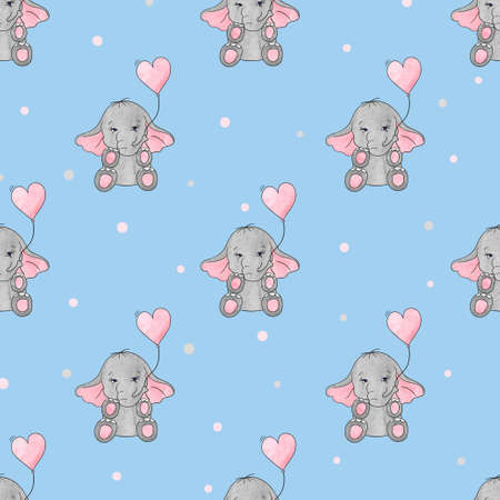 Seamless pattern with cute elephants and heart balloons. Vector background for kids design. Baby print.のイラスト素材