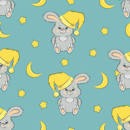 Seamless pattern with cute bunny mon and stars. Good night vector illustration.のイラスト素材