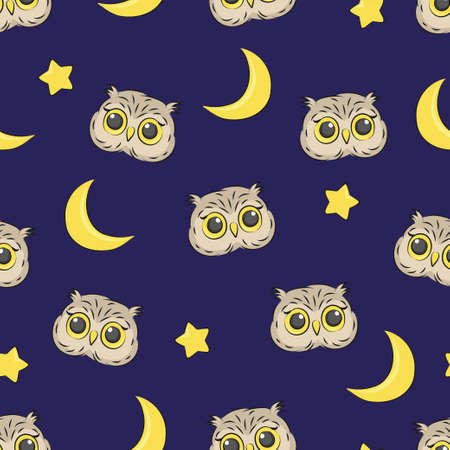 Seamless night pattern with cute owls stars and moon. Vector good night background.のイラスト素材