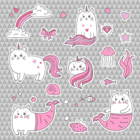 Cute cat unicorn mermaid. Set of decorative elements trendy patches stickers. Vector illustration.のイラスト素材