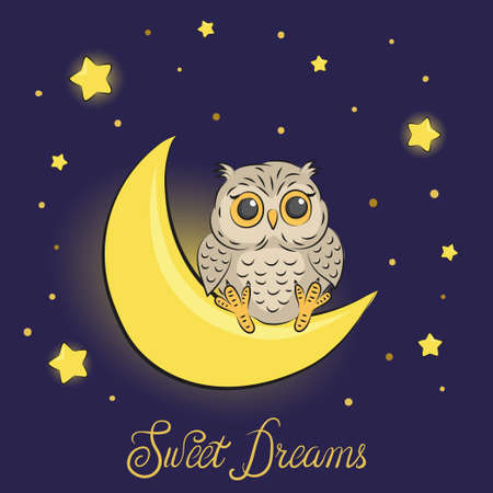 Cute cartoon owl on the moon. Sweet dreams vector illustrationのイラスト素材