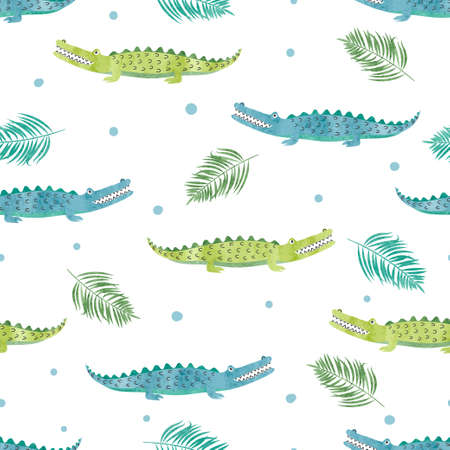 Seamless watercolor crocodile pattern. Vector background with alligators.のイラスト素材