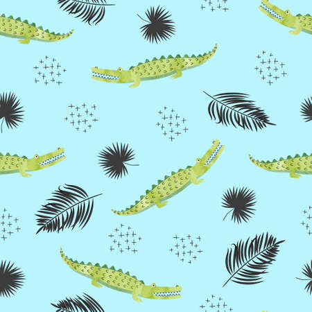 Seamless pattern with crocodiles and palm leaves. Vector abstract tropical background.のイラスト素材