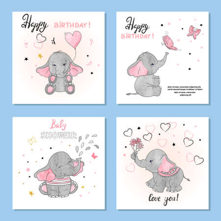 Cute Elephants vector illustrations. Set of birthday greeting cards posters prints.のイラスト素材
