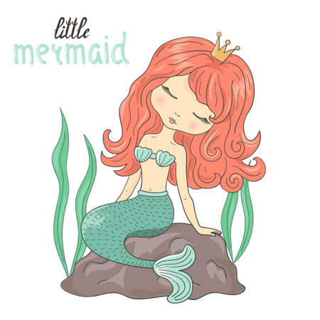 Beautiful little Mermaid sitting on the rock. Vector illustration.のイラスト素材