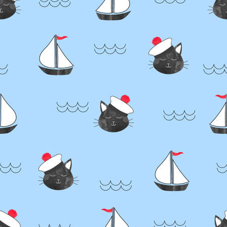 Seamless marine pattern with cat Sailor and ships. Vector sea background for kidsのイラスト素材