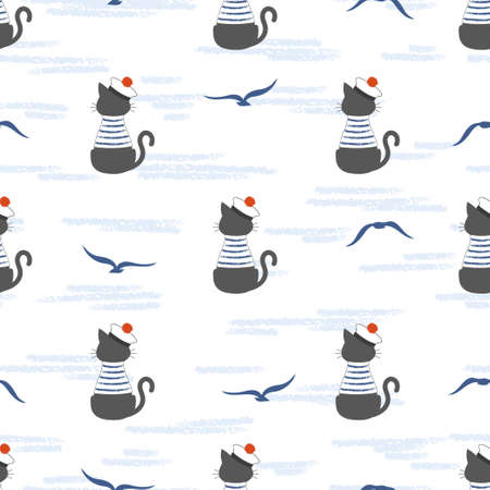 Seamless marine pattern with cartoon cat Sailor and seagulls. Vector sea background for kidsのイラスト素材