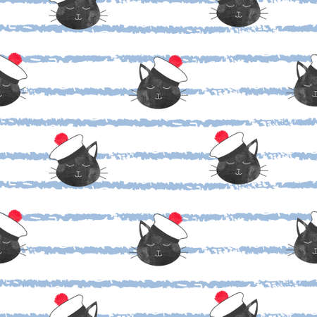 Seamless striped marine pattern with cute cat Sailor. Vector background for kids.のイラスト素材