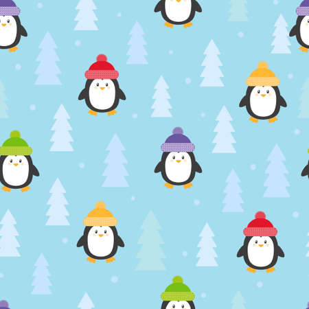 Cute cartoon penguins seamless pattern. Vector winter background.のイラスト素材