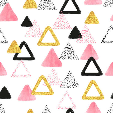 Seamless pattern with pink black and golden triangles. Vector abstract background with geometric shapes.のイラスト素材