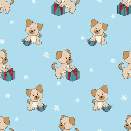 Seamless Christmas pattern with cute puppies. Vector holiday background with cartoon dogsのイラスト素材