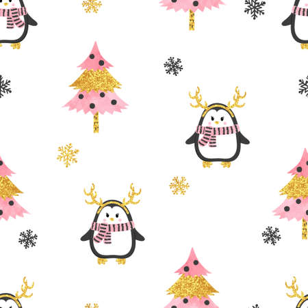 Christmas pattern with cute penguins and christmas trees. Vector holiday seamless background.のイラスト素材