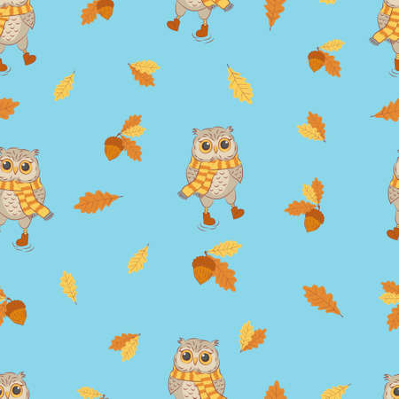 Autumn seamless pattern with cartoon owls and oak leaves on blue. Vector fall background.のイラスト素材
