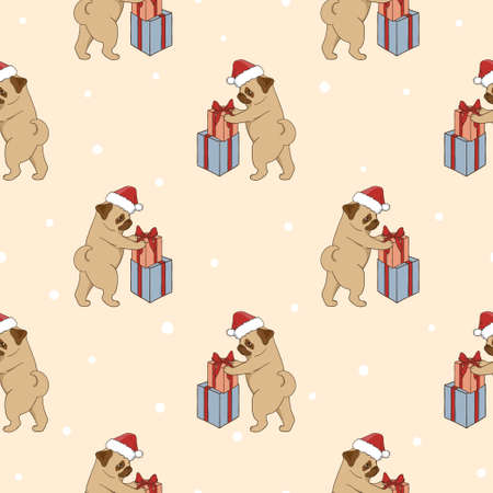 Christmas pattern with cute pugs and gifts. Vector holiday background with cartoon dogs.のイラスト素材