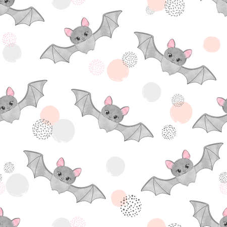 Cute watercolor flying bats pattern. Vector seamless background for kids.のイラスト素材