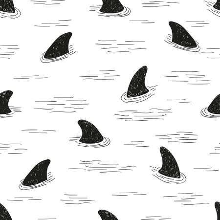 Seamless shark fin pattern. Vector black and white doodle background.のイラスト素材
