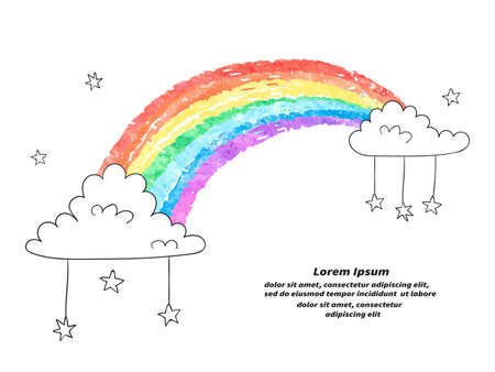Cartoon rainbow and clouds isolated on white. Colorful vector illustration.のイラスト素材
