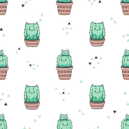 Seamless pattern with cute cactus cat. Vector background.のイラスト素材