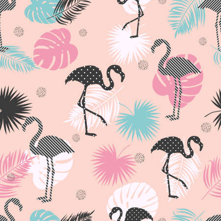 Tropical trendy background. Seamless vector pattern with flamingo and palm leaves.のイラスト素材