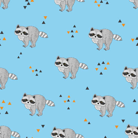Seamless pattern with cute raccoons and triangles.のイラスト素材