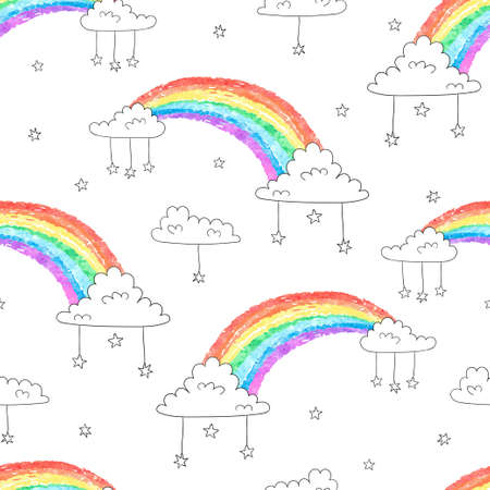 Seamless pattern with cartoon rainbows and clouds. Colorful vector sky background.のイラスト素材