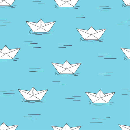 Seamless pattern with doodle paper boats on blue. Vector background.のイラスト素材