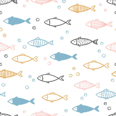 Seamless vector hand drawn fish pattern.のイラスト素材