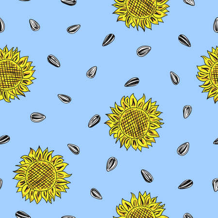 Seamless sunflower pattern with heads and seeds.のイラスト素材
