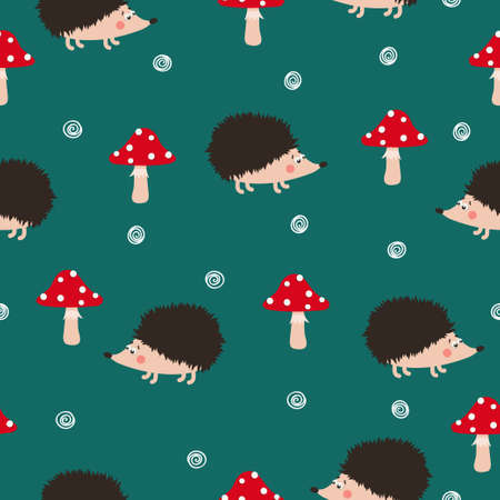 Seamless vector pattern with cute hedgehogs and mushrooms.のイラスト素材