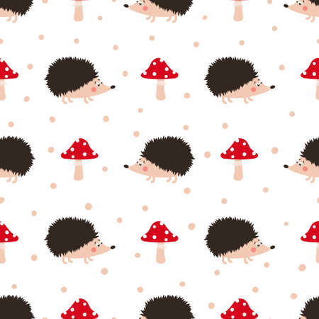 Seamless vector pattern with cute cartoon hedgehogs and mushrooms.のイラスト素材