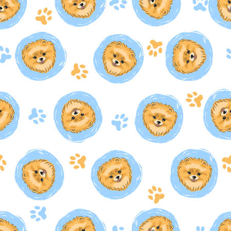 Seamless pattern with cute pomeranian. Vector circles background with dogs.のイラスト素材