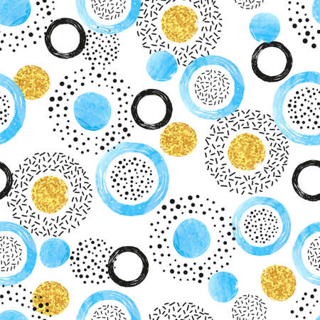 Seamless pattern with blue black and golden circles and dots. Vector abstract background with round...
