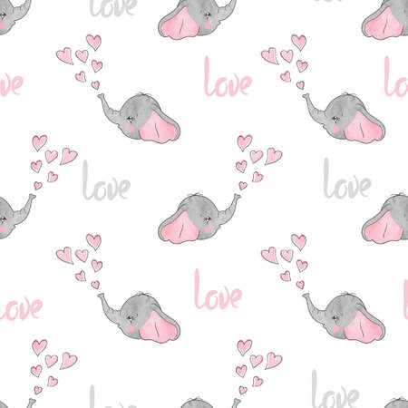 Seamless pattern with cute little elephants and hearts. Love background for kids. Baby print.のイラスト素材