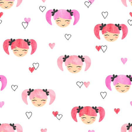 Seamless pattern with cute little girls faces.のイラスト素材