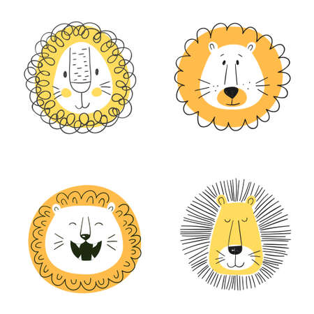 Set of cute cartoon lions. Funny doodle animal heads. Vector illustrationのイラスト素材
