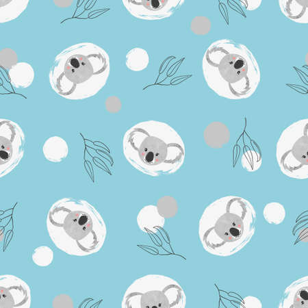 Seamless pattern with cute koala and circles on blue Vector illustration.のイラスト素材