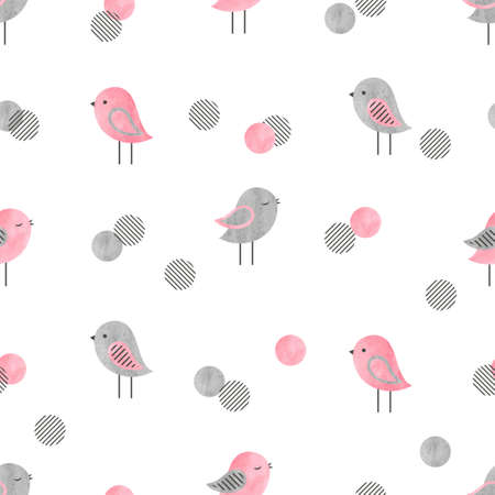 Seamless pattern with cute birds and circles.のイラスト素材