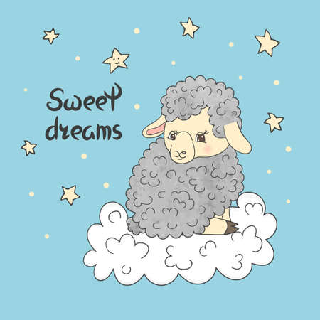 Cute little sheep on the cloud. Sweet dreams vector illustration.のイラスト素材