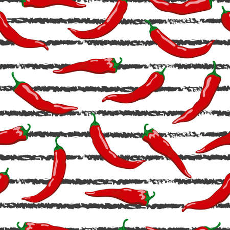 Seamless pattern with hot red chili peppers on striped background.のイラスト素材