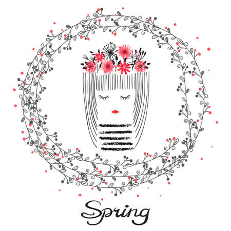 Cute cartoon girl with flowers. Spring vector illustration.のイラスト素材