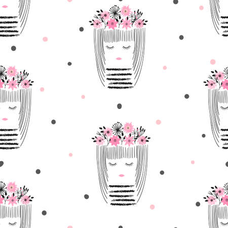 Seamless cute girls pattern. Vector illustration for kids.のイラスト素材