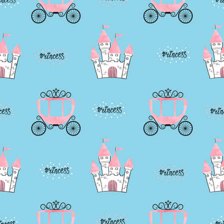 Seamless princess pattern with castles and carriages on blue. Vector background illustration.のイラスト素材