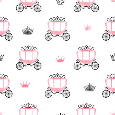 Seamless princess pattern with pink carriages and crowns.のイラスト素材