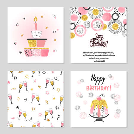 Happy Birthday cards set in pink and golden colors. Celebration vector illustrations with birthday cake, champagne glasses.のイラスト素材