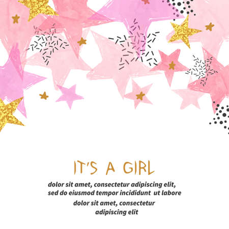 Baby shower girl card with abstract watercolor pink and glittering golden stars.のイラスト素材