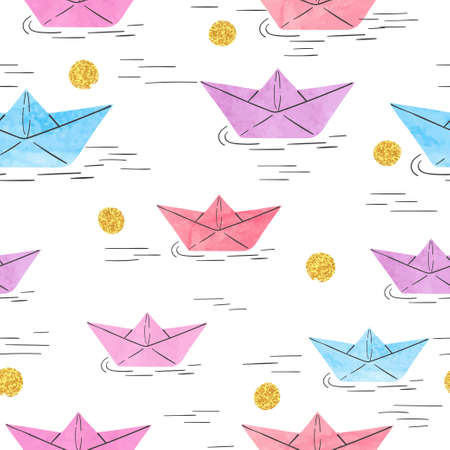 Seamless vector pattern with watercolor paper boats.のイラスト素材