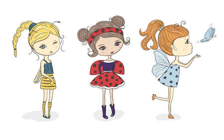 Set of cute cartoon girls in bee, ladybug and butterfly costumes. Vector illustration for little girls.のイラスト素材