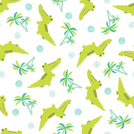 Seamless cartoon crocodiles pattern. Vector background with alligators and palms for kids design.のイラスト素材