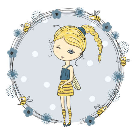 Cute little girl in a bee costume. Fashion print for kids. Vector illustration.のイラスト素材